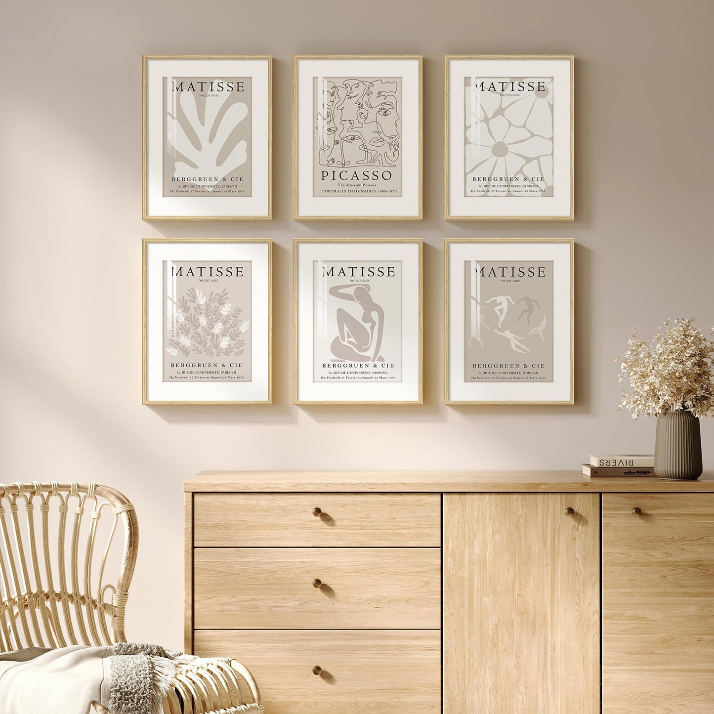 Framed Boho Black and White Brown Modern Abstract Wall Art for Living Room, Set of 6 Bohemian Wall Hanging Artwork, Minimalist Sun Geometric Pictures for Bedroom Office Bathroom Wall Decor 11x14 Inch