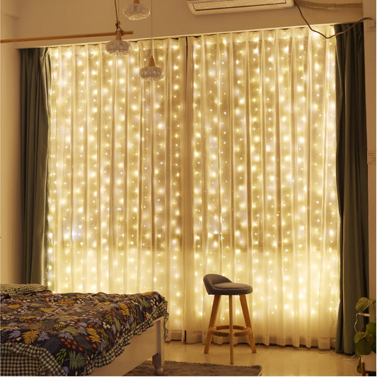 ZSJWL 300 LED Curtain Fairy Lights with Remote, 8 Modes 9.8 × 9.8 Ft Curtain String Light USB Plug in, Twinkle Copper Wire Lights for Bedroom Window Chrismas Wedding Party, Warm White