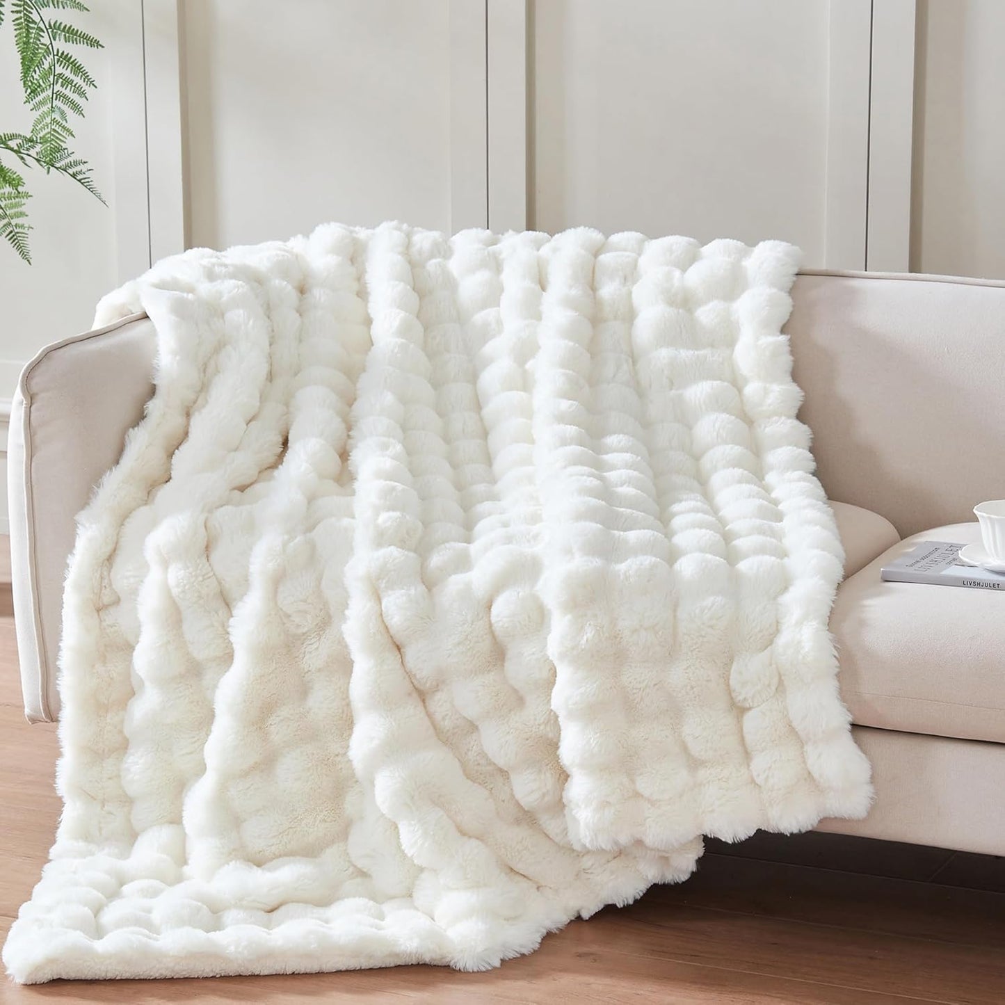 50x60 Inches Ultra-Soft Fuzzy Faux Fur Plush Throw Blanket - Thick, Warm Sherpa for Couch, Sofa, Bedroom, Camping - Decorative Blanket for Cozy Warmth, Bubble Ivory White