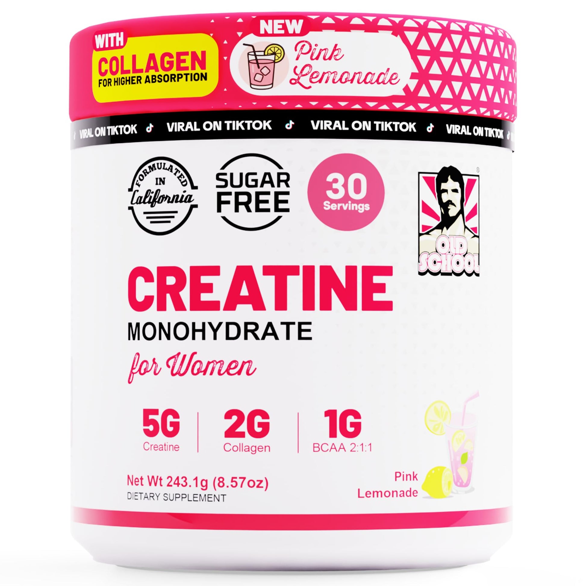 Old School Labs 5000mg Creatine Monohydrate Powder, Optimized Creatine for Women +2000mg Collagen +1g BCAA 2:1:1 Supports Lean Muscles & Recovery, Energy & Stamina - Made in USA, 30 Servings