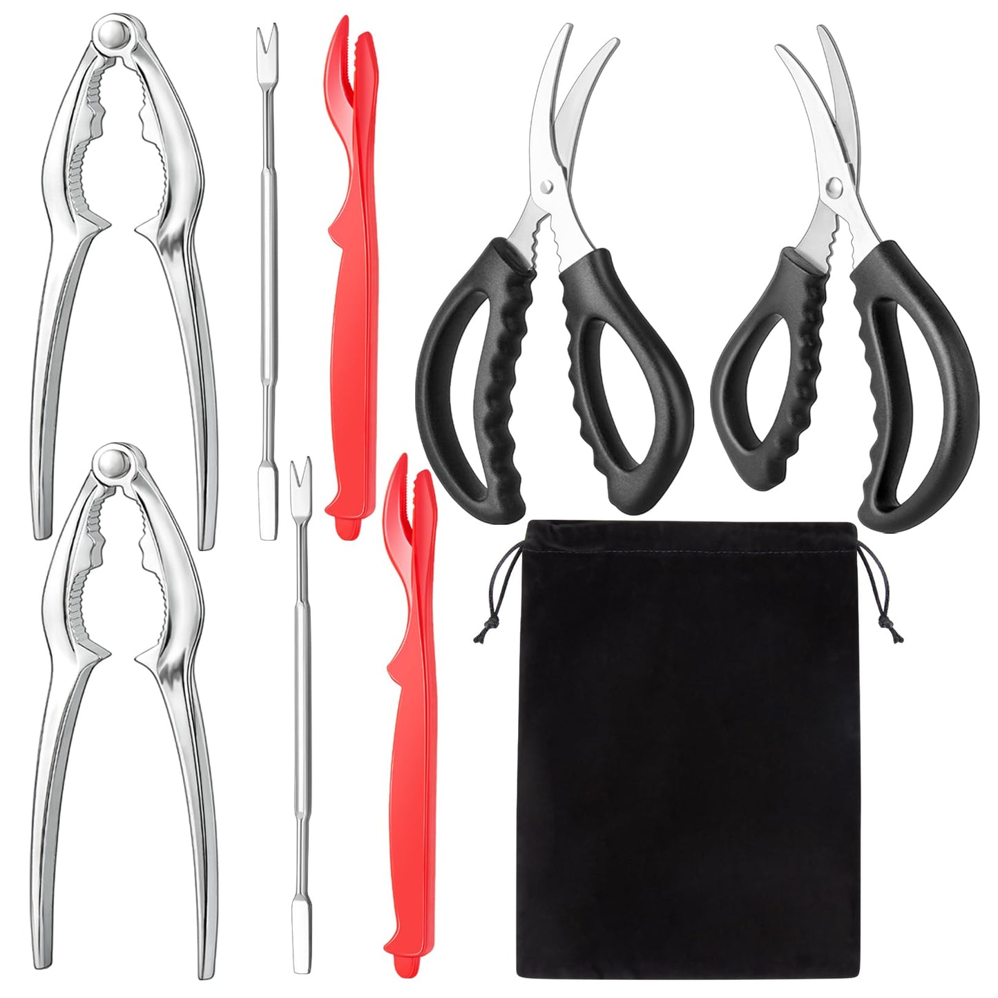 Seafood Cracker Tool Set With Lobster Sheller Stainless Steel Crab Crackers Crab Leg Fork Seafood Scissors And Storage Bag, Crab Leg Pick Utensils Set Crab Eating Tools (9Pcs)