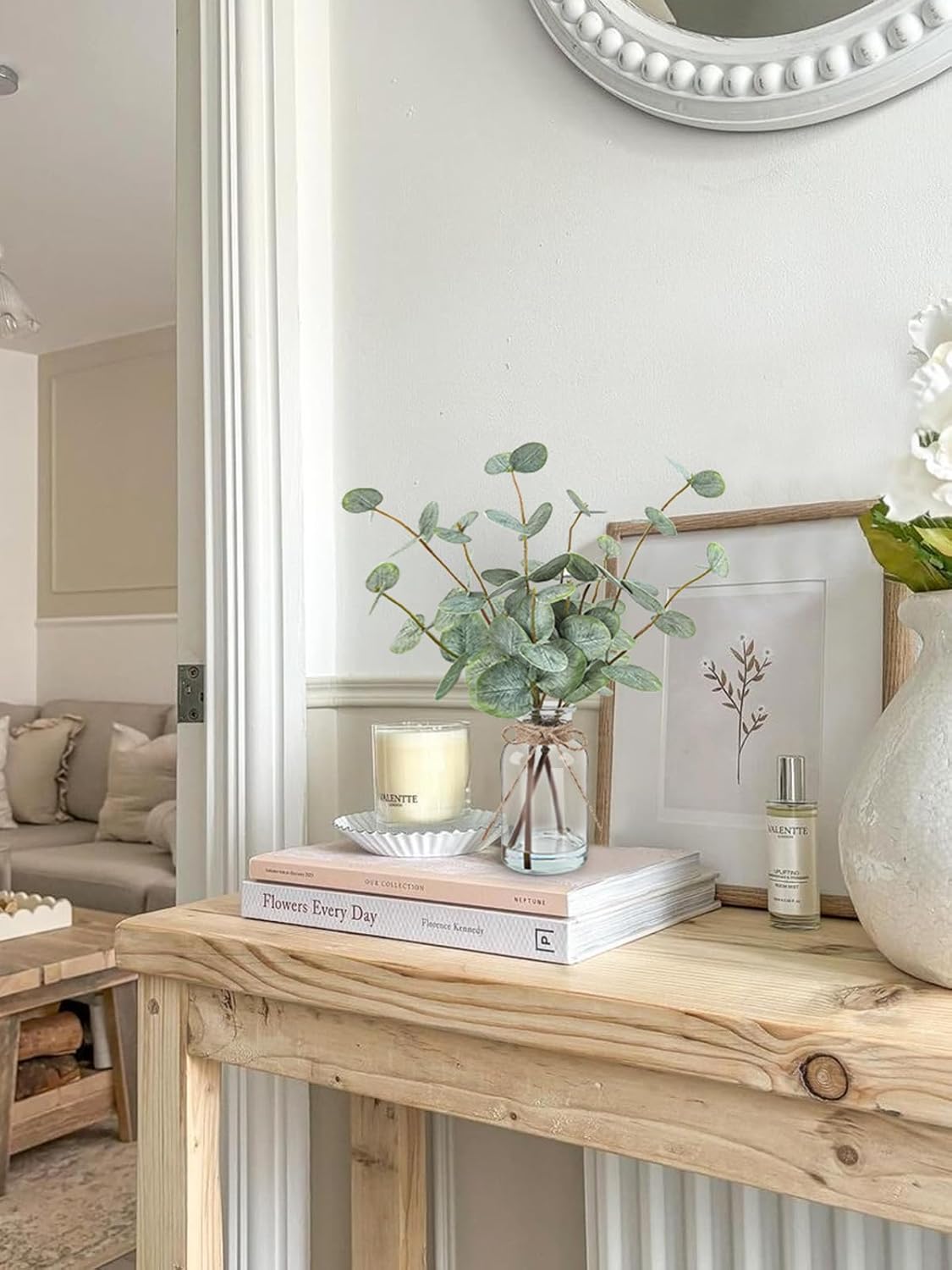 Artificial Eucalyptus Stems in Glass Vase with Faux Water, 13.5” Fake Plants for Home Decor, Coffee Table Centerpieces, Office, Bathroom & Farmhouse Weddings - Faux Greenery Plants Decorations