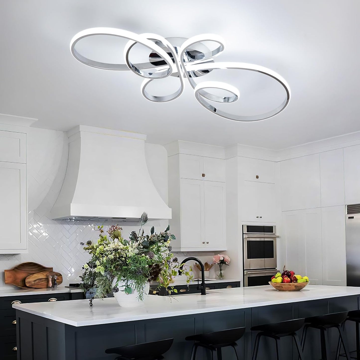 66W Modern LED Ceiling Light, 5 Rings Flower Flush Mount Light Fixture with Remote Control Chrome Dimmable Ceiling Lamp for Living Room, Bedroom, Dining Room, Hallway, Kitchen