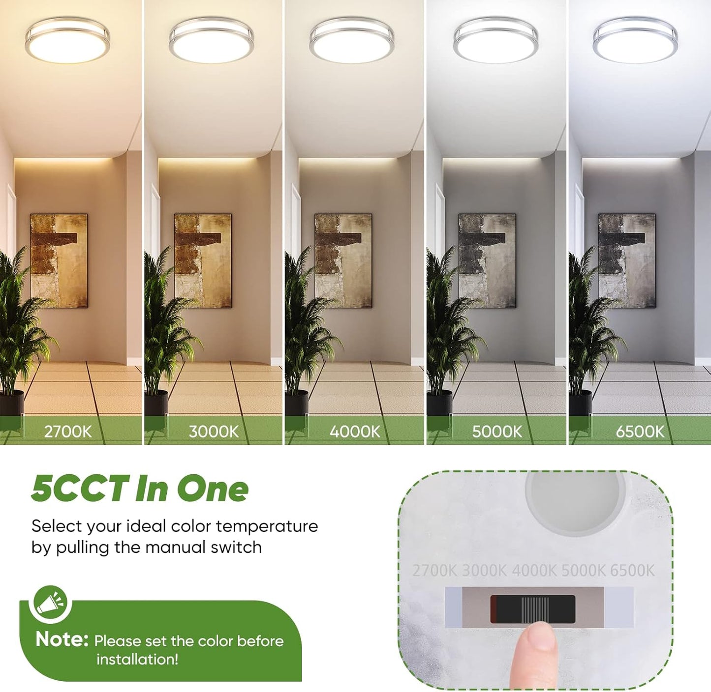 36W LED Ceiling Lights for Bedroom Kitchen, 3600lm Super Bright, Dimmable Flush Mount Light Fixtures 6500K/5000K/4000K/3000K/2700K Adjusted Modern Lamps 2PACK, 13 Inch, Nickle