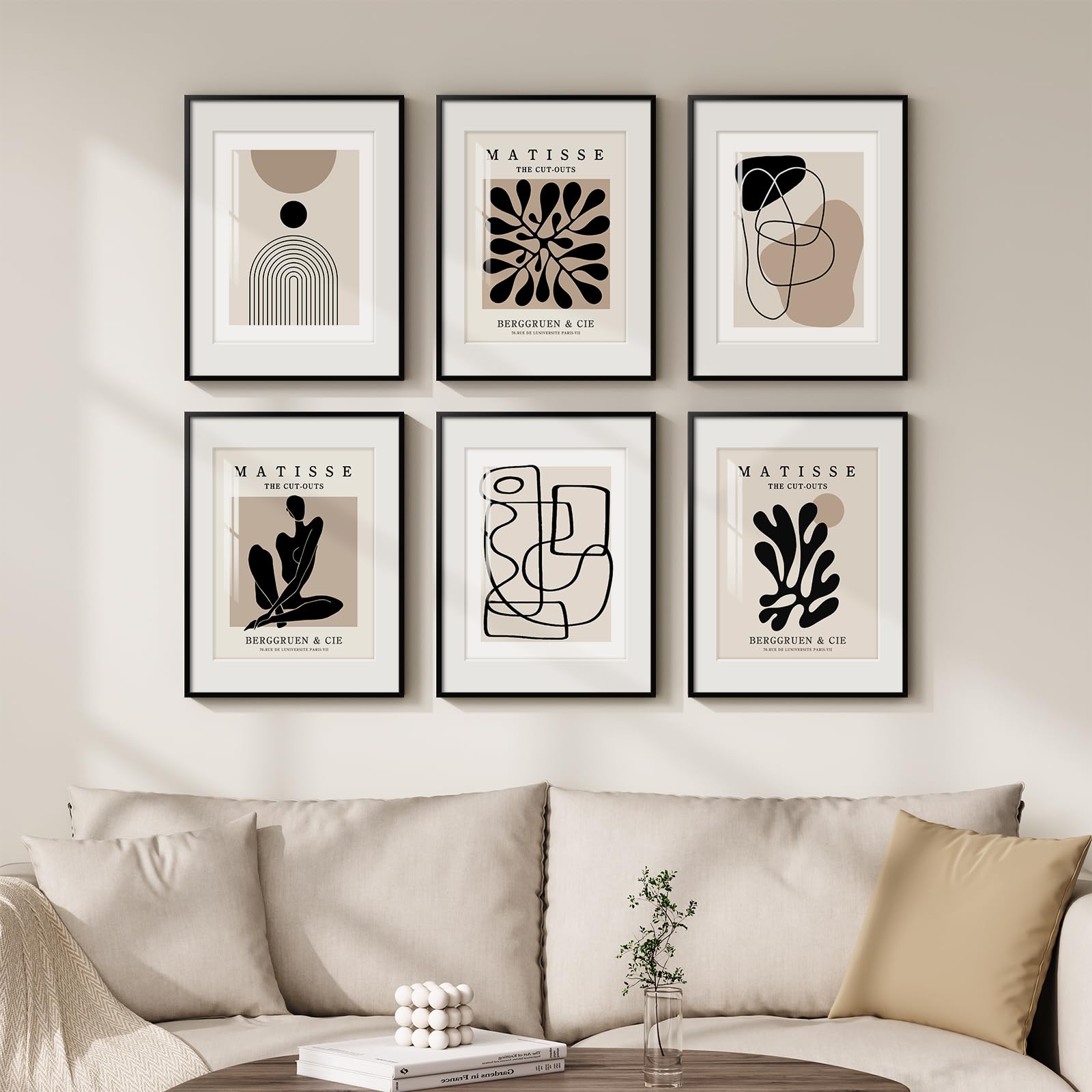 Framed Boho Black and White Brown Modern Abstract Wall Art for Living Room, Set of 6 Bohemian Wall Hanging Artwork, Minimalist Sun Geometric Pictures for Bedroom Office Bathroom Wall Decor 11x14 Inch