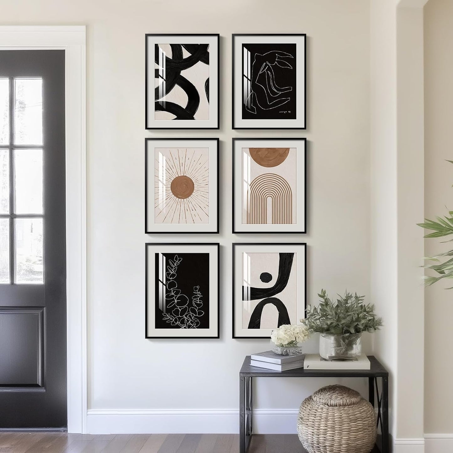 Framed Boho Black and White Brown Modern Abstract Wall Art for Living Room, Set of 6 Bohemian Wall Hanging Artwork, Minimalist Sun Geometric Pictures for Bedroom Office Bathroom Wall Decor 11x14 Inch