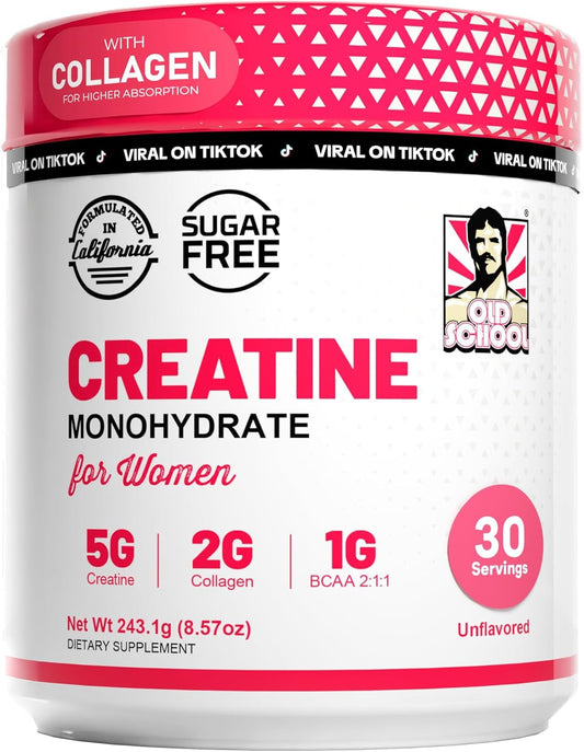 Old School Labs 5000mg Creatine Monohydrate Powder, Optimized Creatine for Women +2000mg Collagen +1g BCAA 2:1:1 Supports Lean Muscles & Recovery, Energy & Stamina - Made in USA, 30 Servings