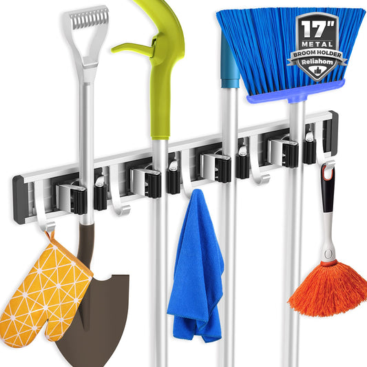 reliahom Broom Holder Wall Mount Mop and Broom Hanger Wall Mounted Garage Storage Rack Kitchen Garden Tool Organizer (4 Racks with 5 Hooks, Black)