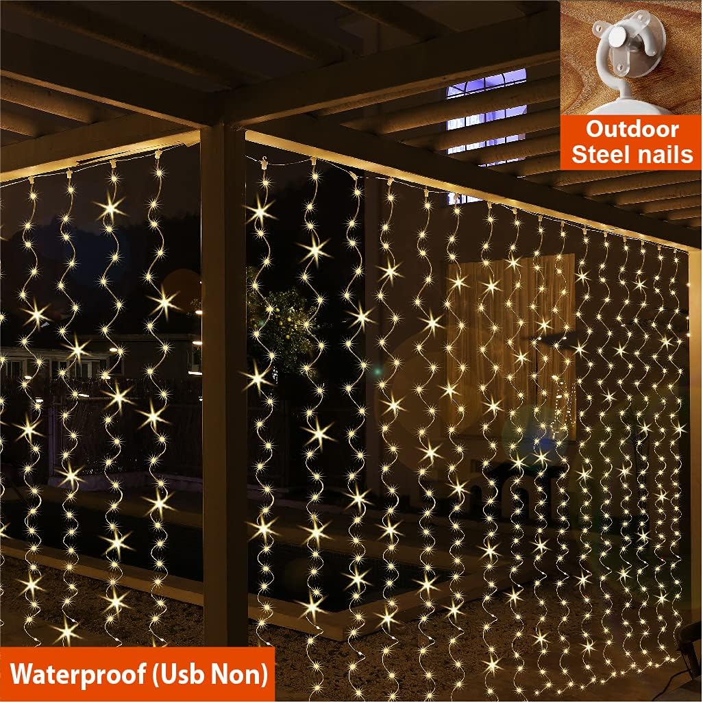 ZSJWL 300 LED Curtain Fairy Lights with Remote, 8 Modes 9.8 × 9.8 Ft Curtain String Light USB Plug in, Twinkle Copper Wire Lights for Bedroom Window Chrismas Wedding Party, Warm White