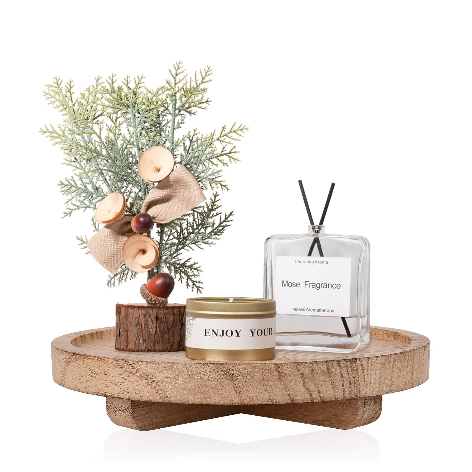 Round Decorative Tray Wood Bathroom Counter Organizer Farmhouse Kitchen Decor Wooden Riser for Soap Dish, Perfume, Candle, Sponge, 10" - Brown