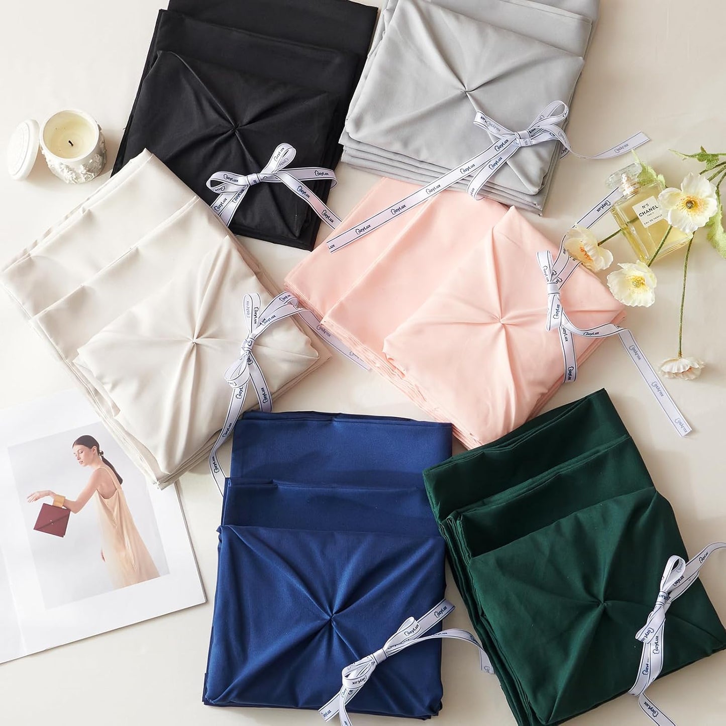 CozyLux Queen Comforter Set Black, 7 Pieces Pintuck Bed in A Bag, Premium Black Comforter Queen Size, Pinch Pleat Bedding Sets with Comforter, Sheets, Pillowcases & Shams