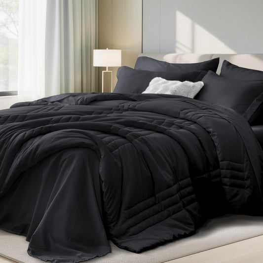 Twin Comforter Set Black - Bed in a Bag Twin Size 5 Pieces, Soft Bedding Set for All Seasons, Premium College Dorm Comforter Set with Comforter, 1 Sheet, 1 Pillowcase & 1 Sham