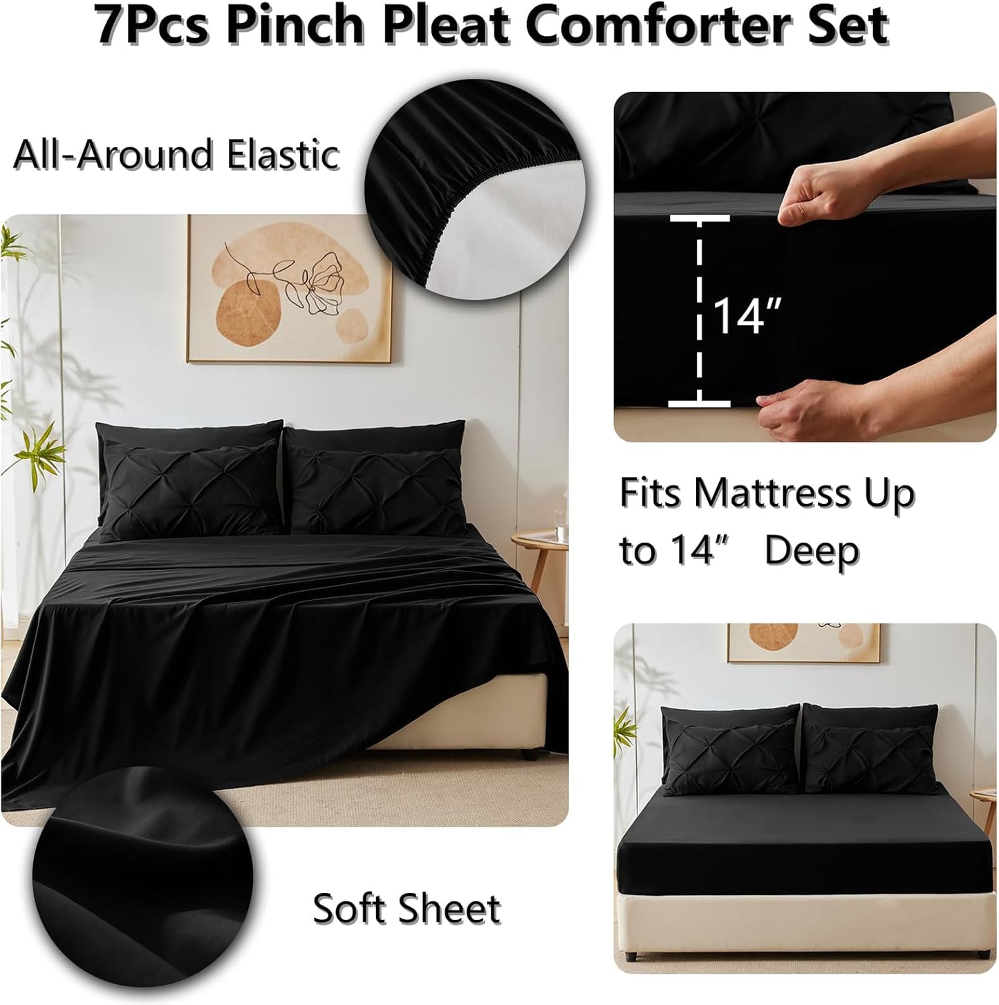 CozyLux Queen Comforter Set Black, 7 Pieces Pintuck Bed in A Bag, Premium Black Comforter Queen Size, Pinch Pleat Bedding Sets with Comforter, Sheets, Pillowcases & Shams