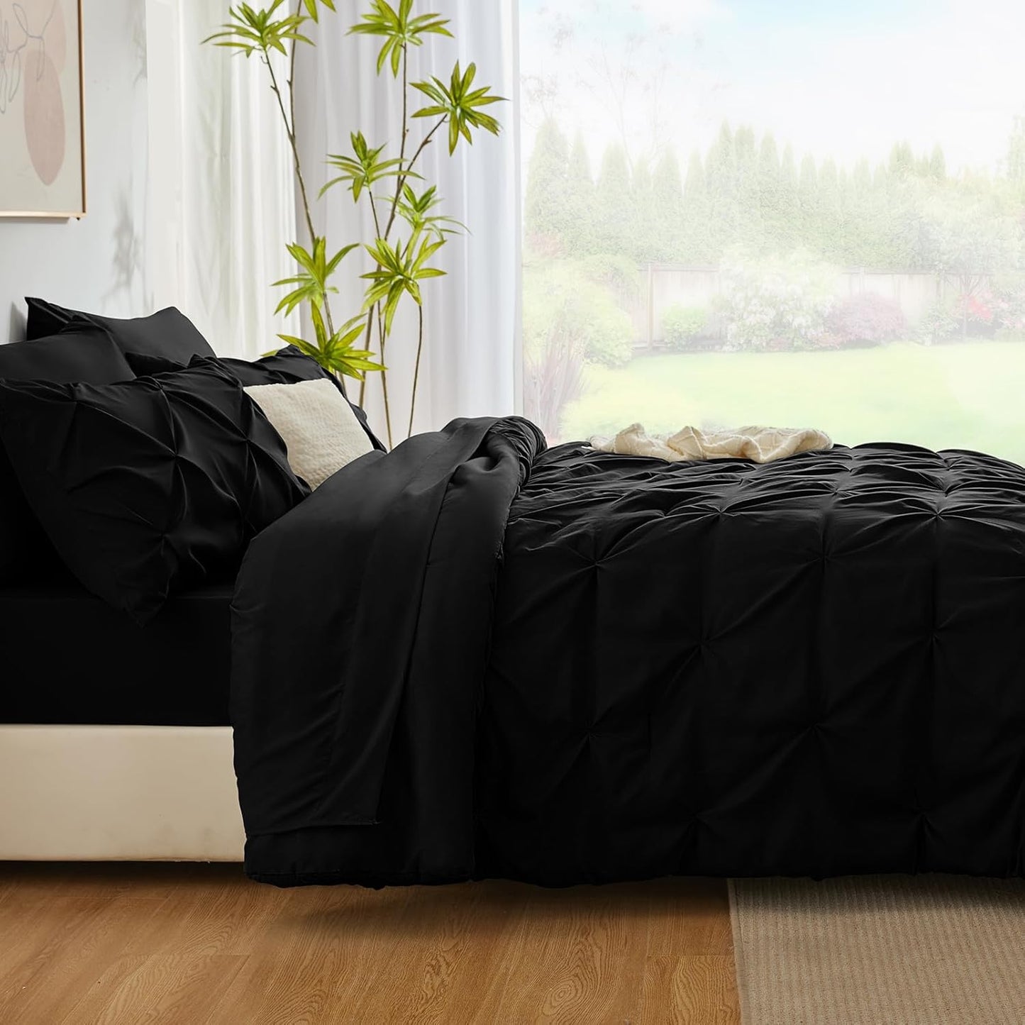 CozyLux Queen Comforter Set Black, 7 Pieces Pintuck Bed in A Bag, Premium Black Comforter Queen Size, Pinch Pleat Bedding Sets with Comforter, Sheets, Pillowcases & Shams
