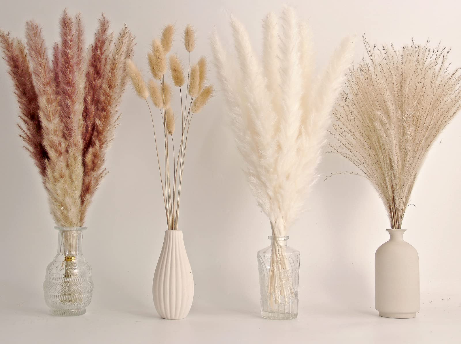 Dried Pampas Grass Decor, 100 Stems Pampas Grass Contains Bunny Tails Dried Flowers, Reed Grass Bouquet for Wedding Boho Flowers Home Table Decor, Rustic Farmhouse Party (17", White and Brown)