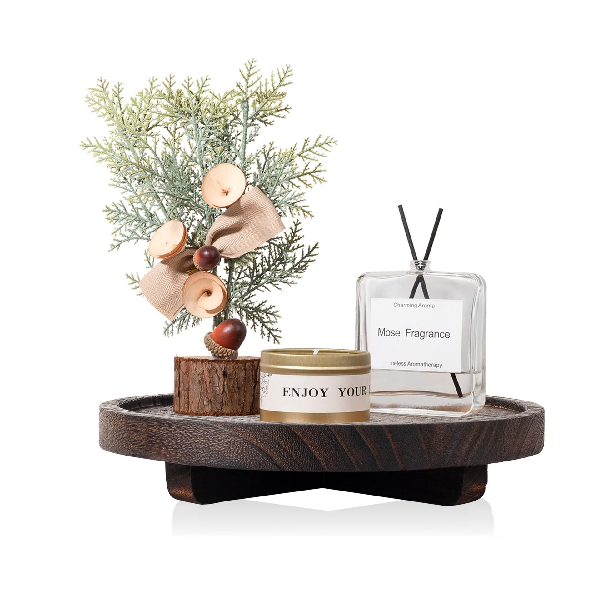 Round Decorative Tray Wood Bathroom Counter Organizer Farmhouse Kitchen Decor Wooden Riser for Soap Dish, Perfume, Candle, Sponge, 10" - Brown