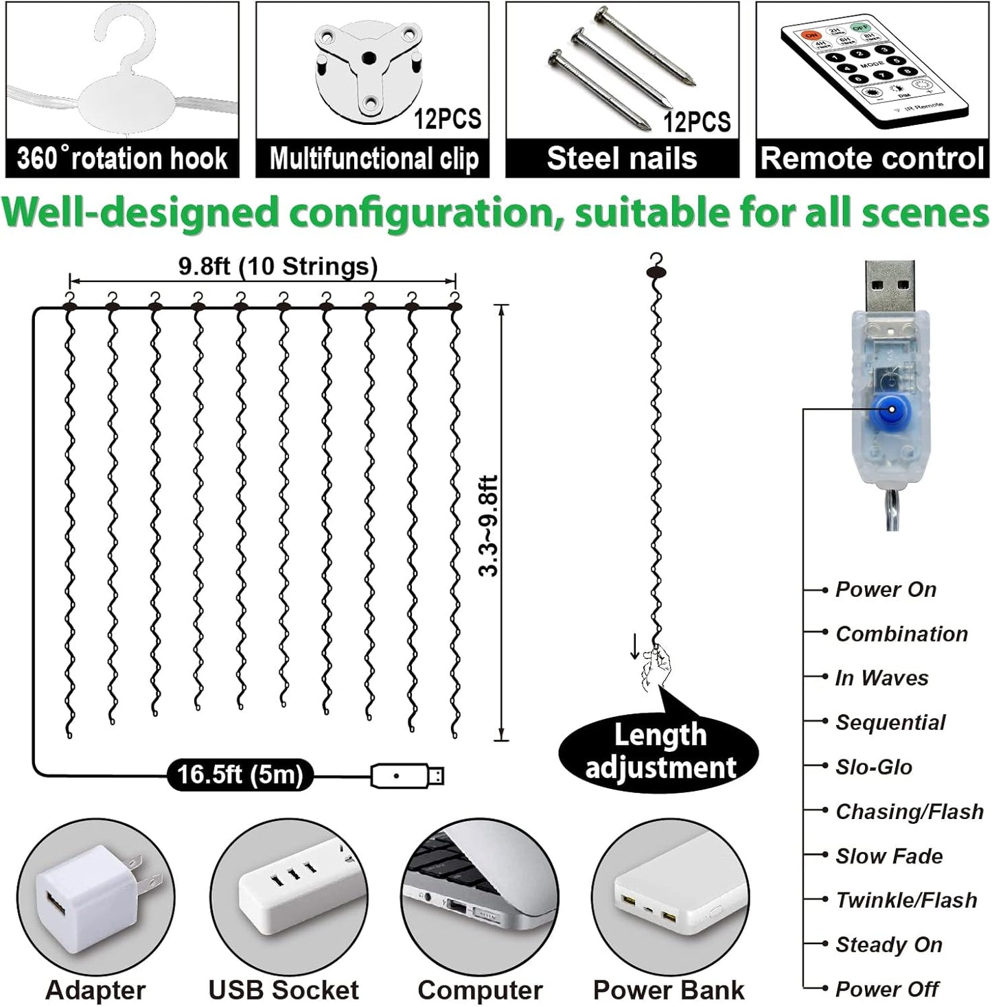 ZSJWL 300 LED Curtain Fairy Lights with Remote, 8 Modes 9.8 × 9.8 Ft Curtain String Light USB Plug in, Twinkle Copper Wire Lights for Bedroom Window Chrismas Wedding Party, Warm White