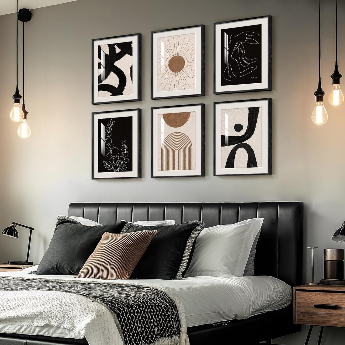 Framed Boho Black and White Brown Modern Abstract Wall Art for Living Room, Set of 6 Bohemian Wall Hanging Artwork, Minimalist Sun Geometric Pictures for Bedroom Office Bathroom Wall Decor 11x14 Inch