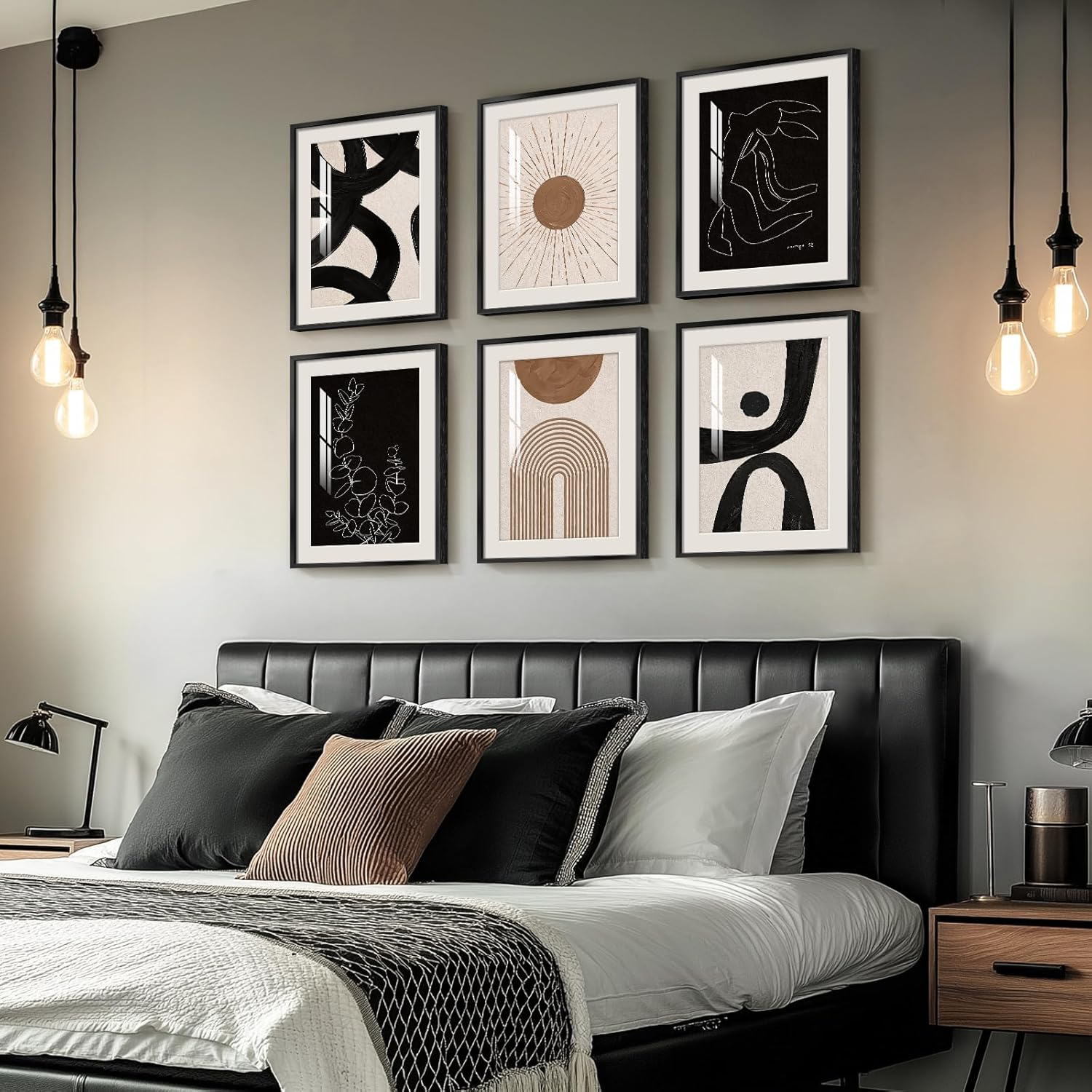Framed Boho Black and White Brown Modern Abstract Wall Art for Living Room, Set of 6 Bohemian Wall Hanging Artwork, Minimalist Sun Geometric Pictures for Bedroom Office Bathroom Wall Decor 11x14 Inch