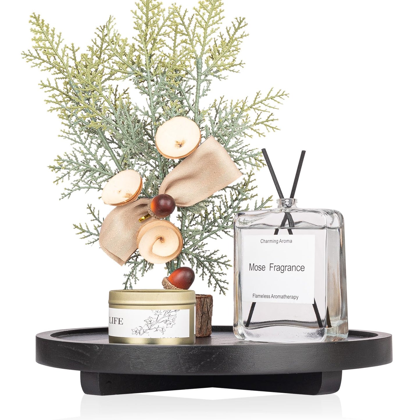 Round Decorative Tray Wood Bathroom Counter Organizer Farmhouse Kitchen Decor Wooden Riser for Soap Dish, Perfume, Candle, Sponge, 10" - Brown