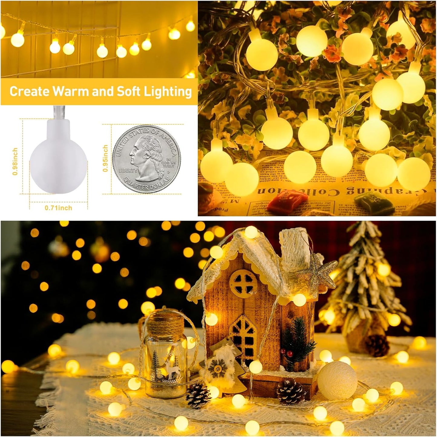 JMEXSUSS 100 LED Connectable Globe String Lights Indoor Bedroom, 33ft Warm White Christmas Lights Plug in with Remote, 8 Mode Hanging Fairy Lights Outdoor for Room Classroom Party Tree Christmas Decor