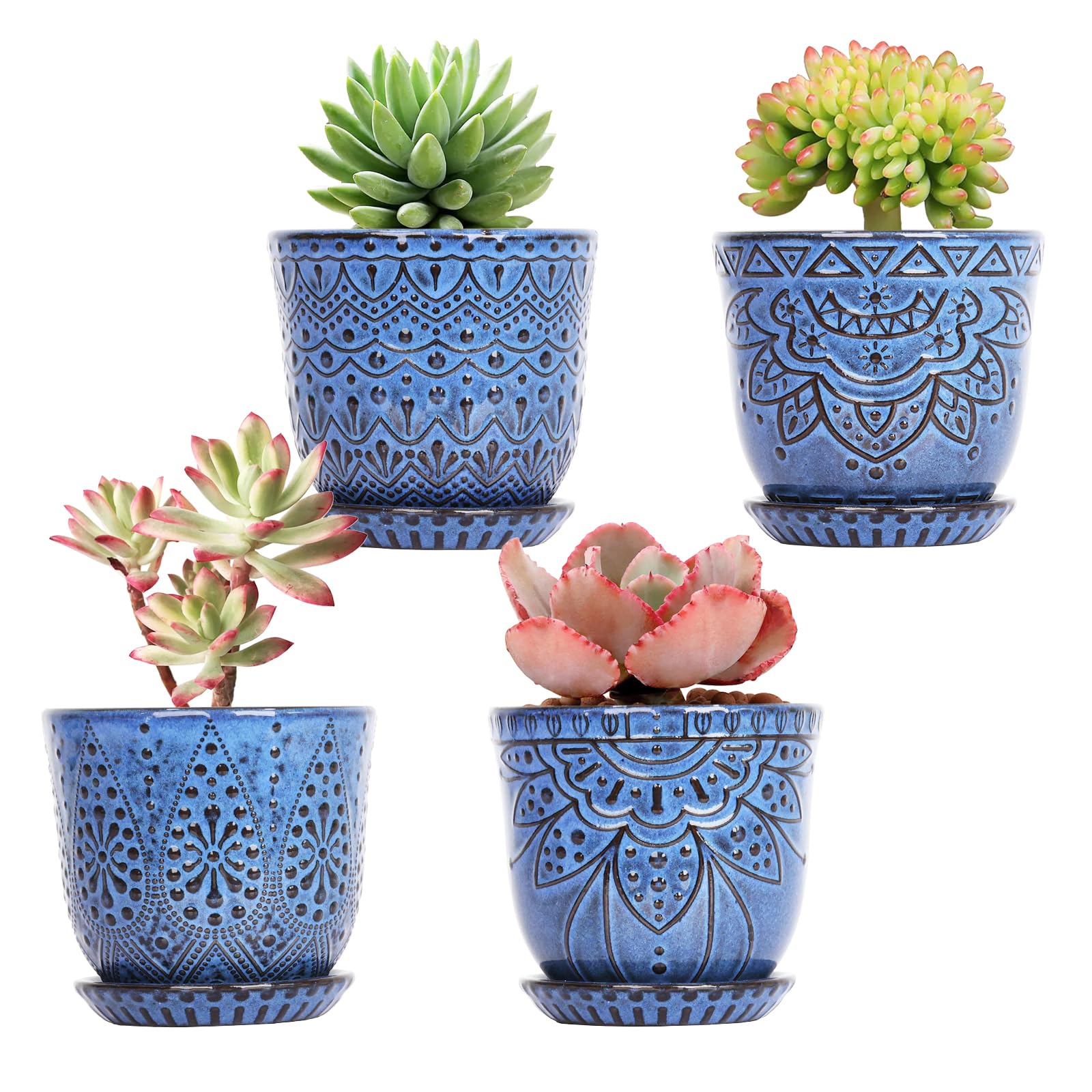 Gepege 6 Inch Beaded Ceramic Planter Set of 2 with Drainage Hole and Saucer for Plants, Indoor-Outdoor Large Round Succulent Orchid Flower Pot (Smoked Gray, Inner-pots not Larger Than 5 Inch)