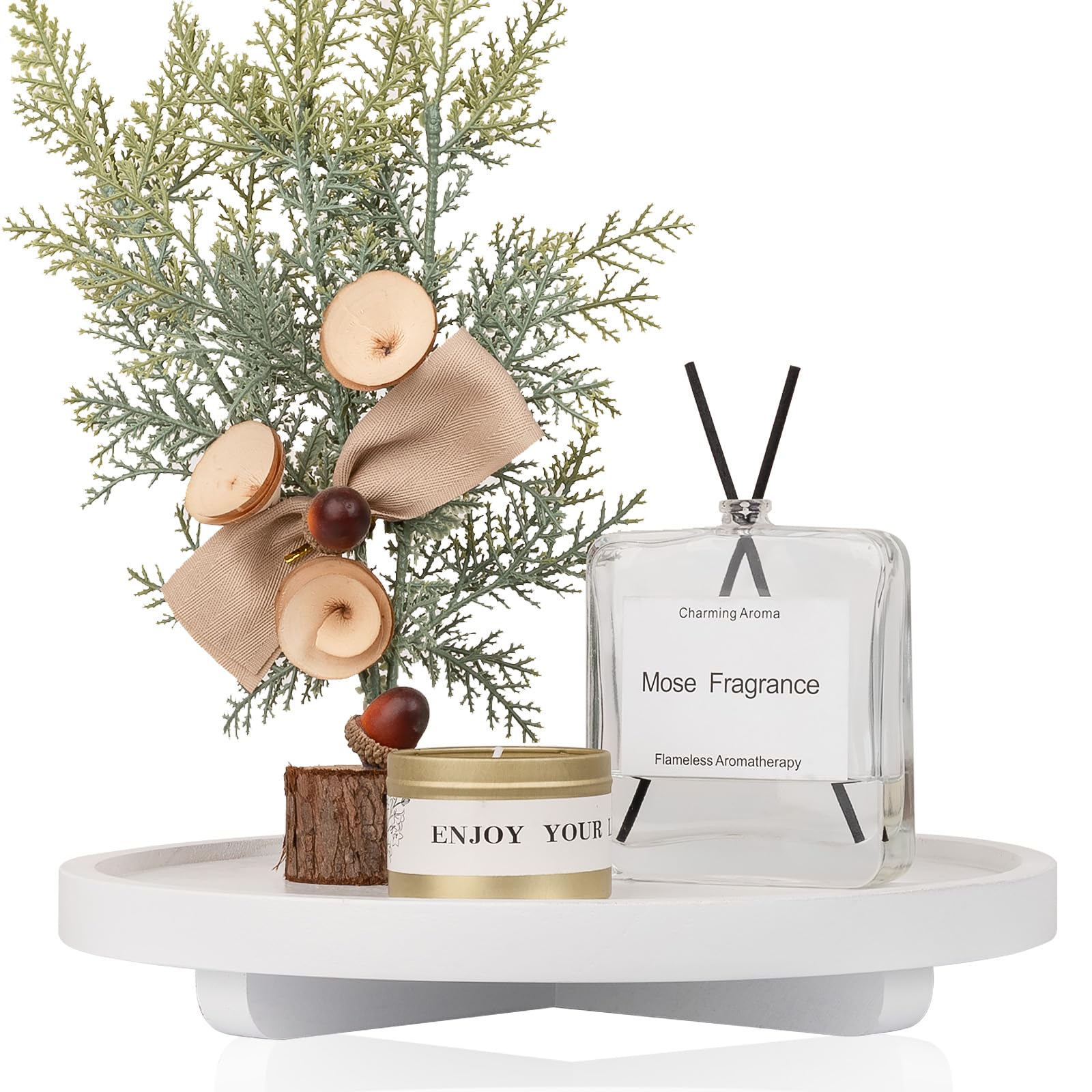 Round Decorative Tray Wood Bathroom Counter Organizer Farmhouse Kitchen Decor Wooden Riser for Soap Dish, Perfume, Candle, Sponge, 10" - Brown