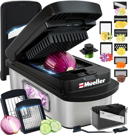 Mueller Pro-Series All-in-One, 12 Blade Mandoline Slicer for Kitchen, Food Chopper, Vegetable Slicer and Spiralizer, Cutter, Dicer, Grater, Kitchen Gadgets Sets with Container, White Sand/Gray