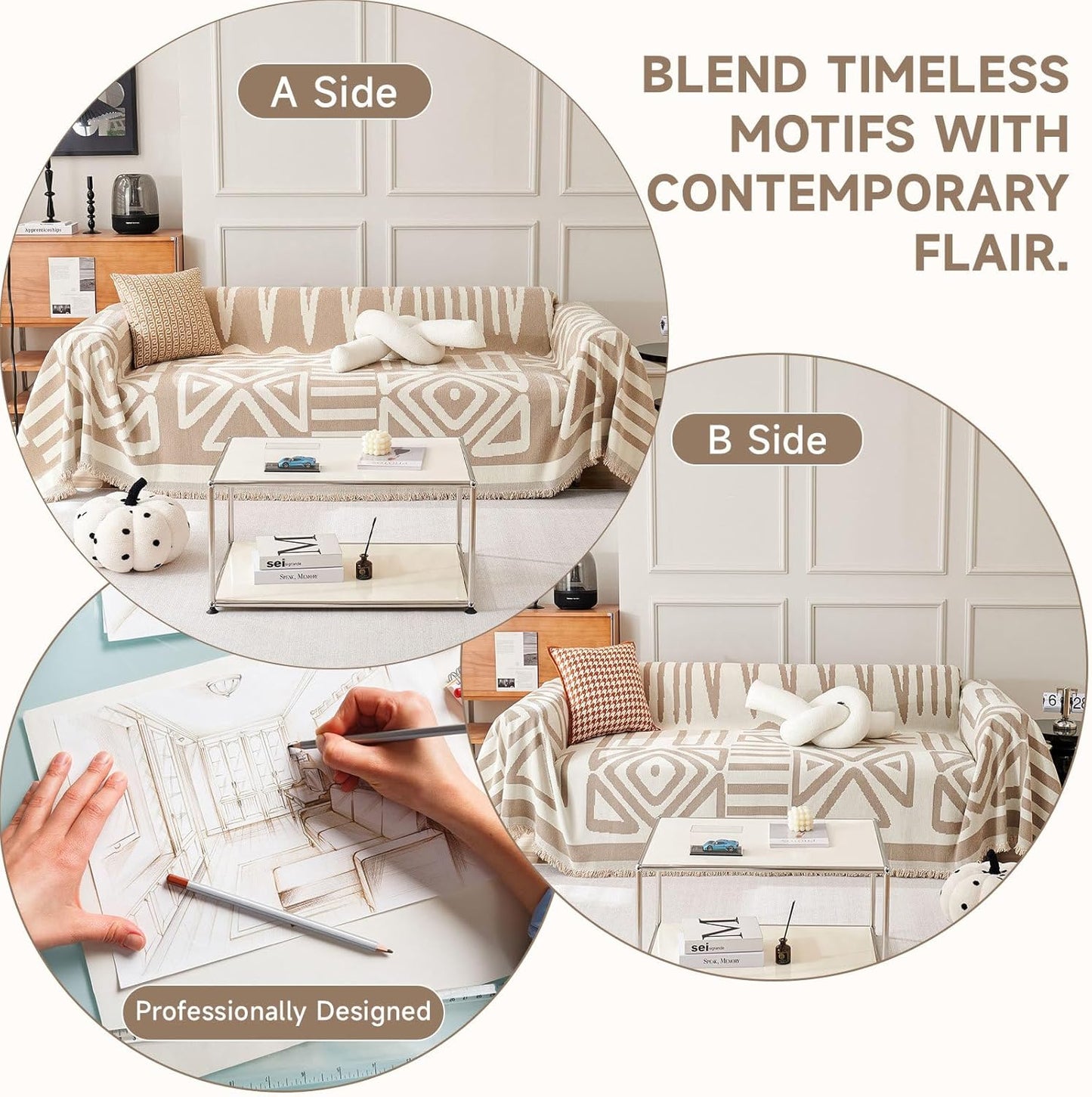 VClife Boho Couch Cover for 3 Cushion Couch Chenille Sofa Cover Sectional Sofa Cover for Dog, Modern Khaki Sofa Slipcover Washable Couch Covers for L-Shape Sofa Reversible Sofa Protector 71''x134''