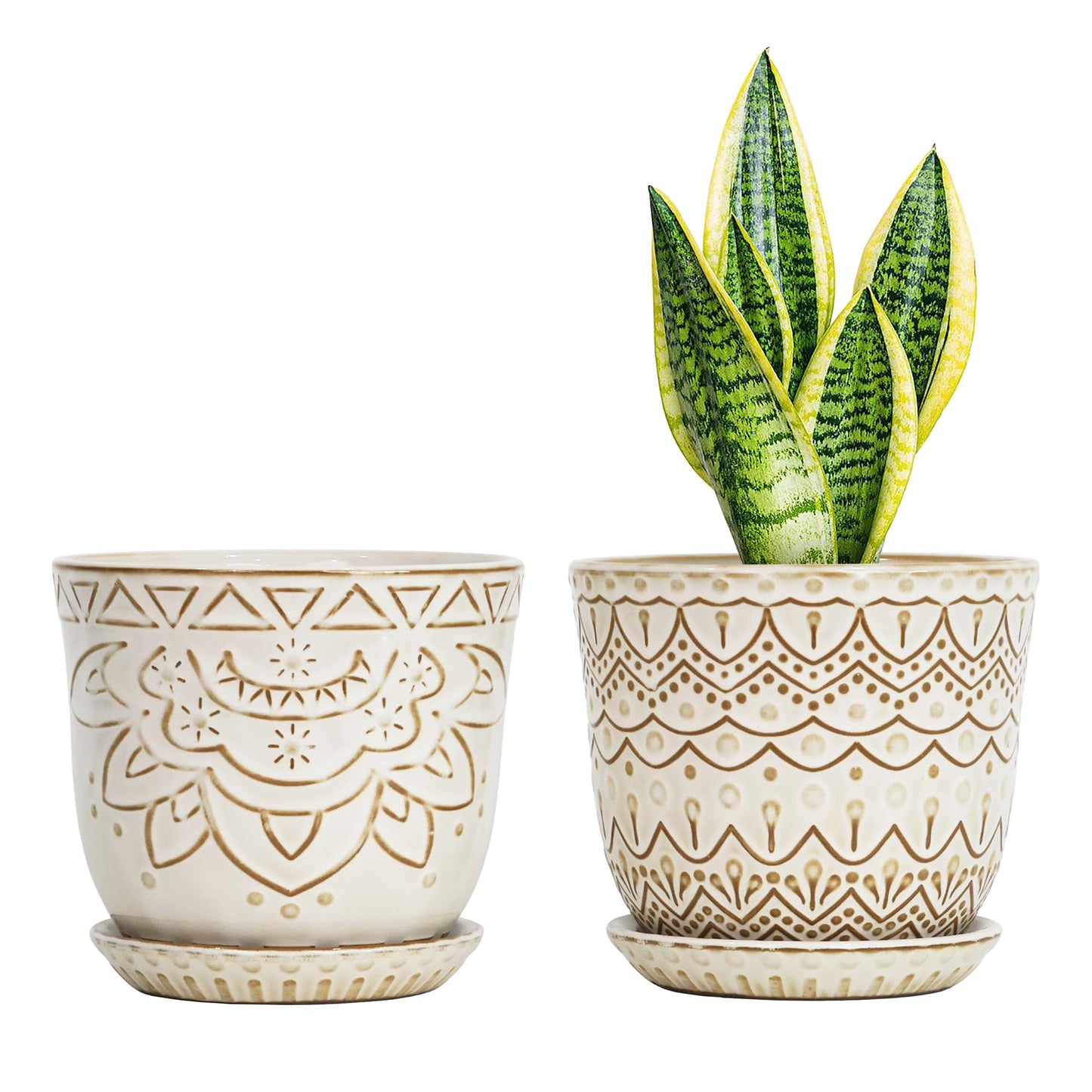 Gepege 6 Inch Beaded Ceramic Planter Set of 2 with Drainage Hole and Saucer for Plants, Indoor-Outdoor Large Round Succulent Orchid Flower Pot (Smoked Gray, Inner-pots not Larger Than 5 Inch)