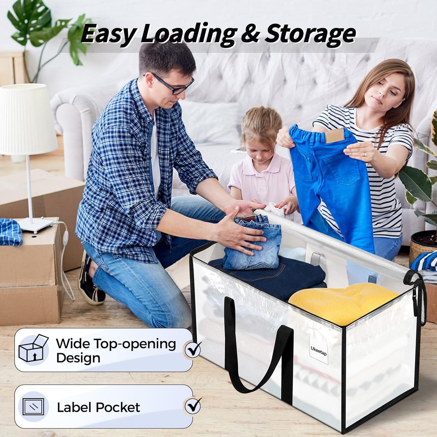 8 Pack Extra Large Heavy Duty Moving Bags, Clear Storage Bins with Lids, Reinforced Handles & Heavy-Duty Zippers Moving Boxes Storage Bags Totes for Clothes Packing, Dorms, College Supplies, Clear
