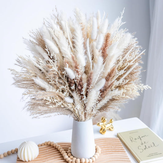 96PCS Natural Dried Pampas Grass Boho Home Decor Bouquet Phragmites Dried Flowers Bouquet for Wedding Floral Arrangements Home Decorations (96PCS)