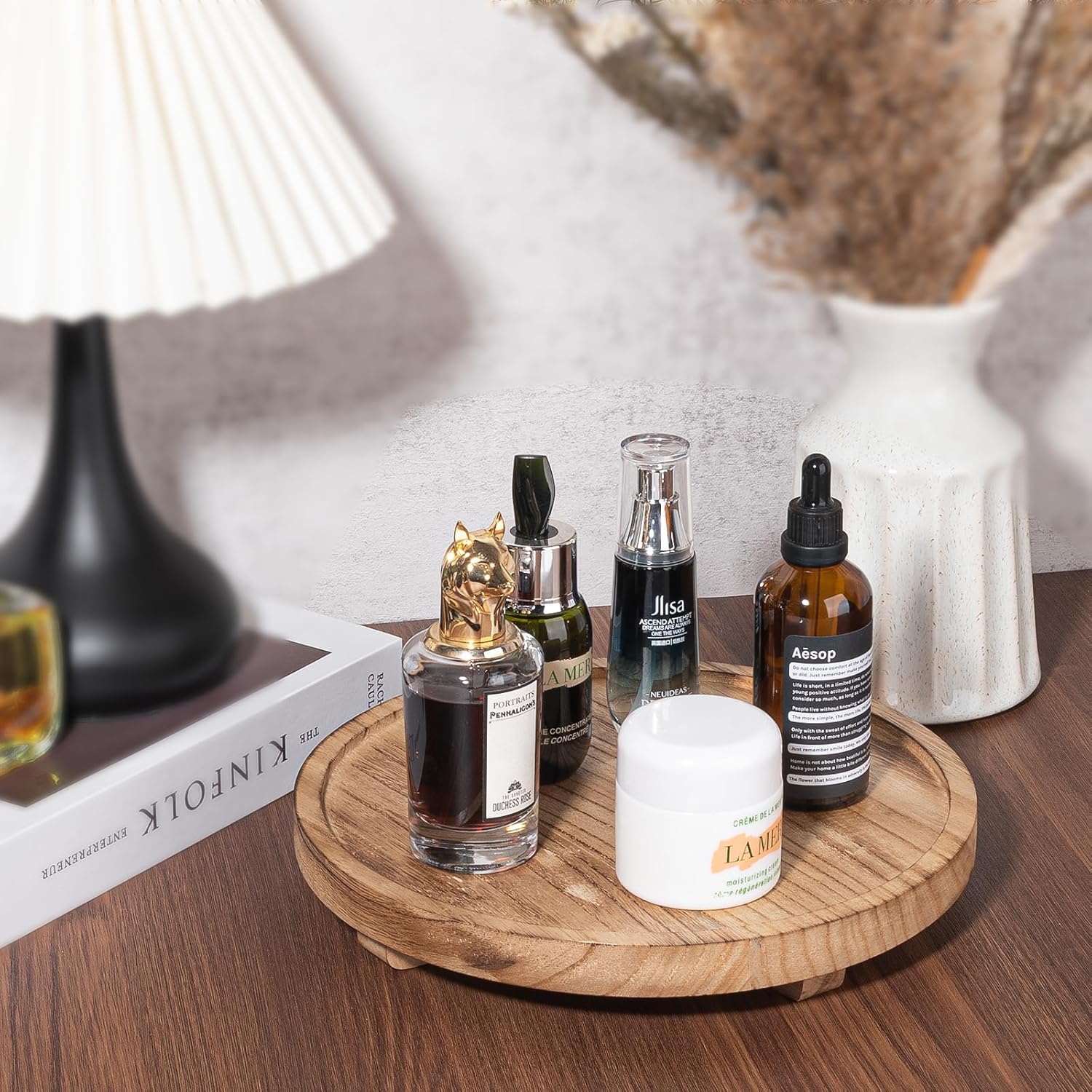 Round Decorative Tray Wood Bathroom Counter Organizer Farmhouse Kitchen Decor Wooden Riser for Soap Dish, Perfume, Candle, Sponge, 10" - Brown