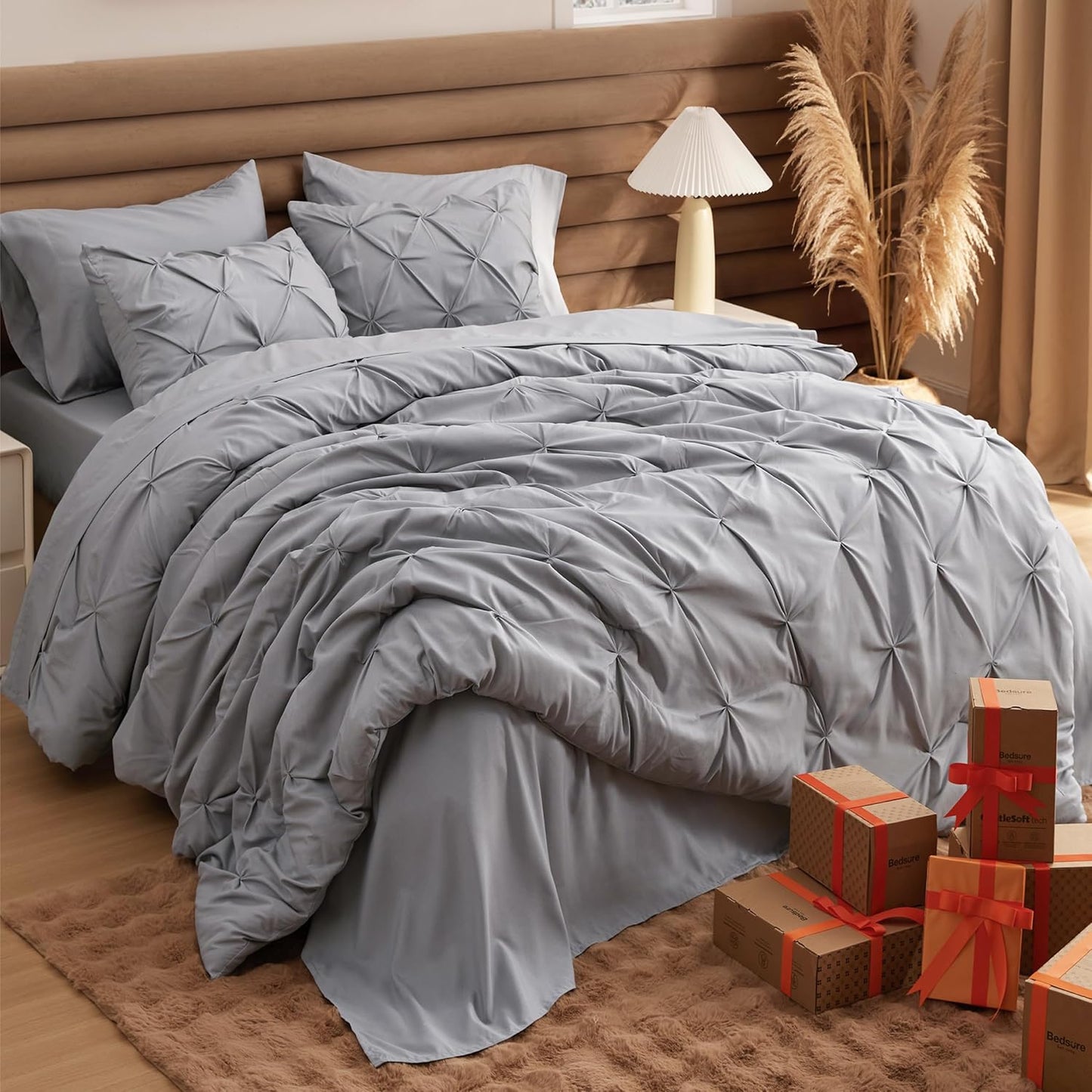 Bedsure Queen Comforter Set Grey - Bed in a Bag Queen Size Bedding 7 Pieces, GentleSoft™ Pintuck Bed Set Gift for Family, Pinch Pleat All Season Comforter with Sheets, Pillowcases & Shams