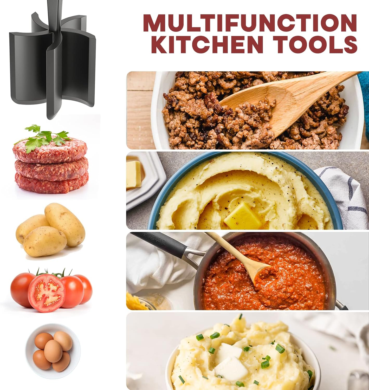 Meat Chopper, Hamburger Grinder, Premium Heat Resistant Smasher for Ground Beef, Burger Grinder Nylon Potato Mix Tool, Meat & Poultry Tenderizers-Black