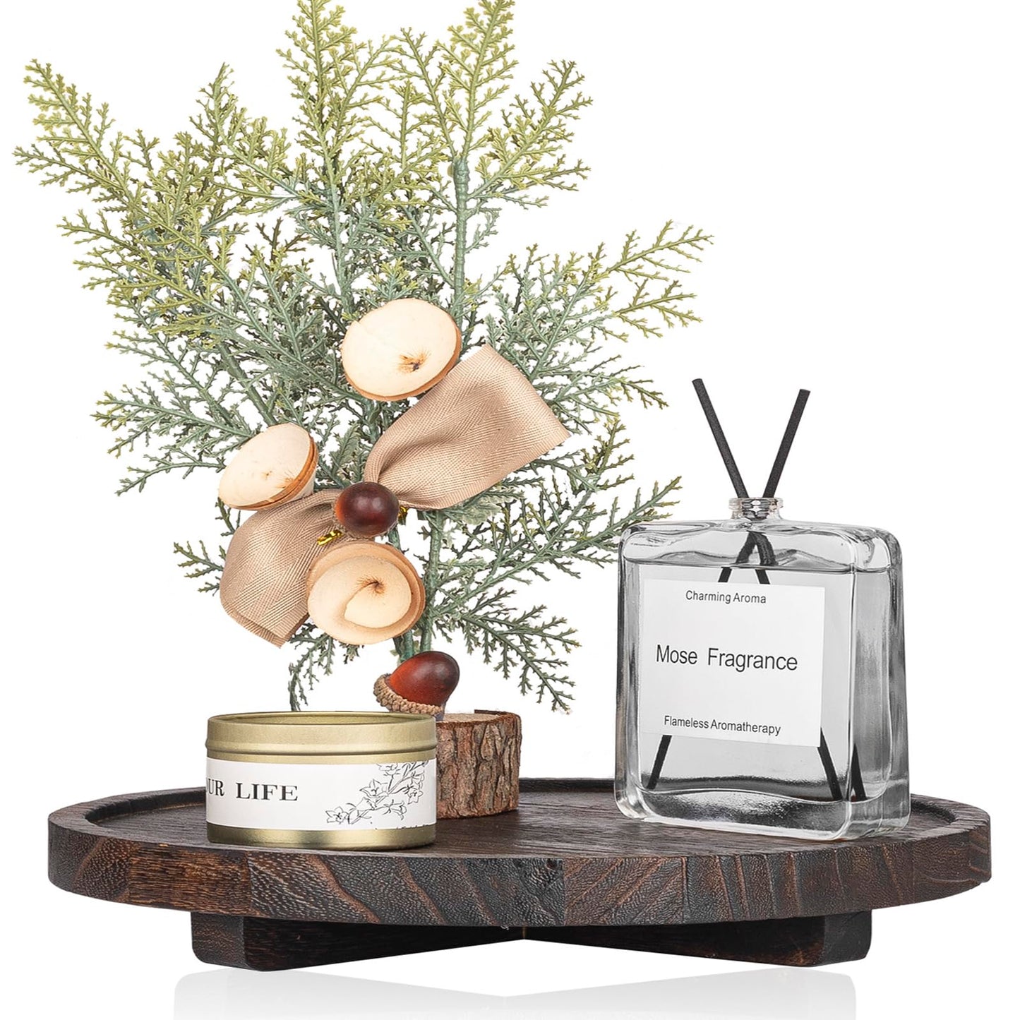 Round Decorative Tray Wood Bathroom Counter Organizer Farmhouse Kitchen Decor Wooden Riser for Soap Dish, Perfume, Candle, Sponge, 10" - Brown