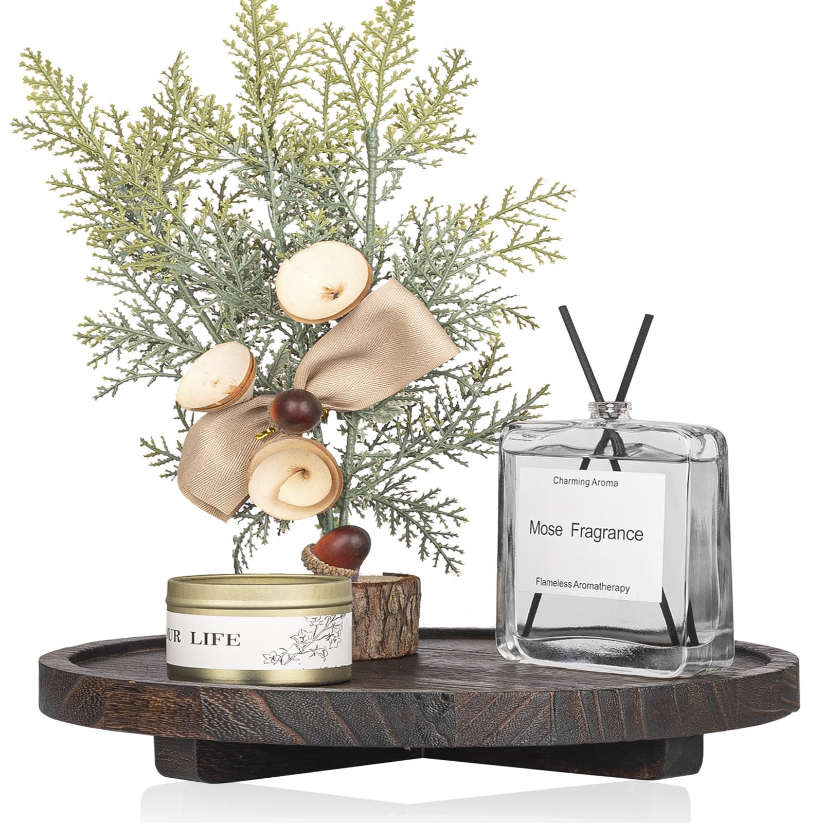 Round Decorative Tray Wood Bathroom Counter Organizer Farmhouse Kitchen Decor Wooden Riser for Soap Dish, Perfume, Candle, Sponge, 10" - Brown