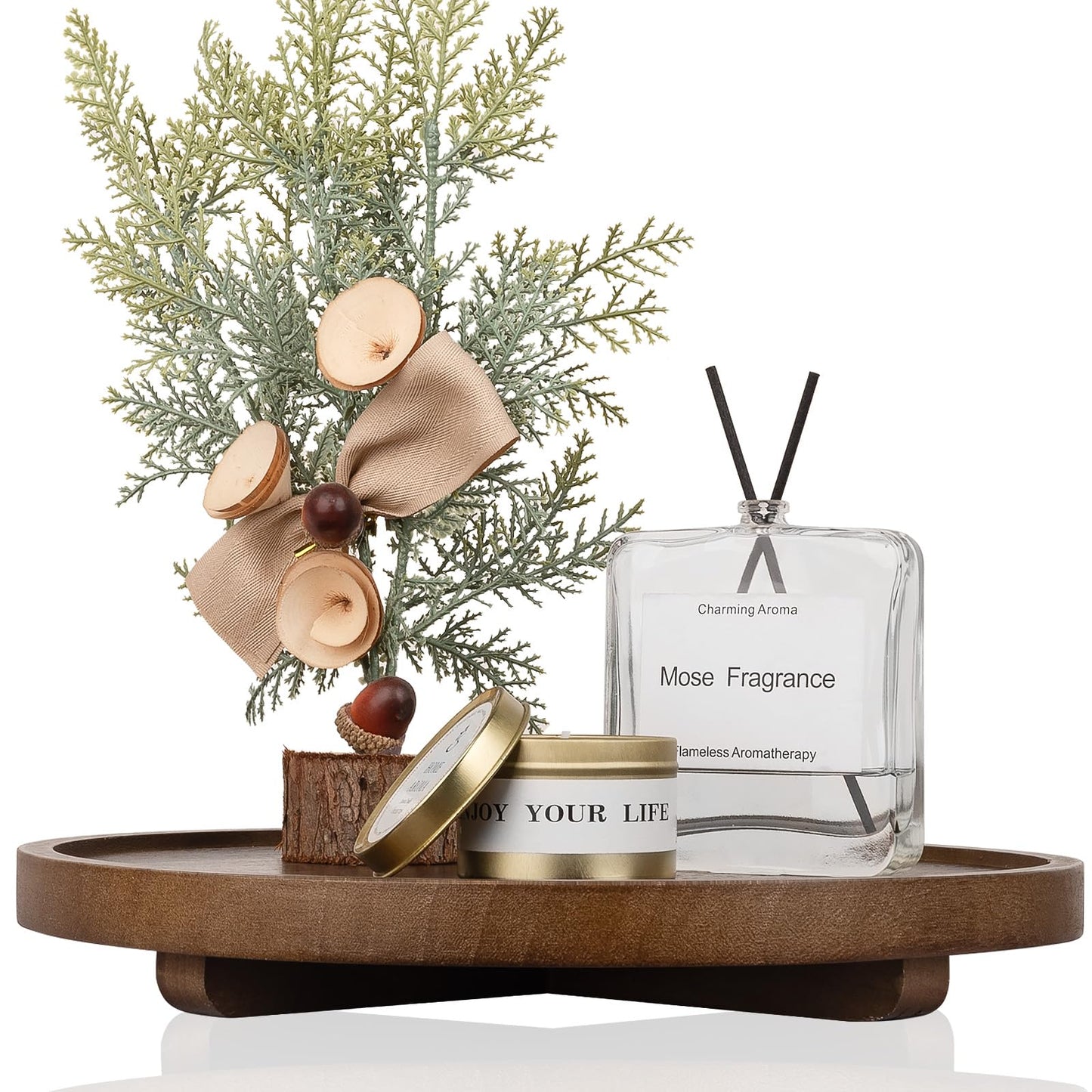 Round Decorative Tray Wood Bathroom Counter Organizer Farmhouse Kitchen Decor Wooden Riser for Soap Dish, Perfume, Candle, Sponge, 10" - Brown