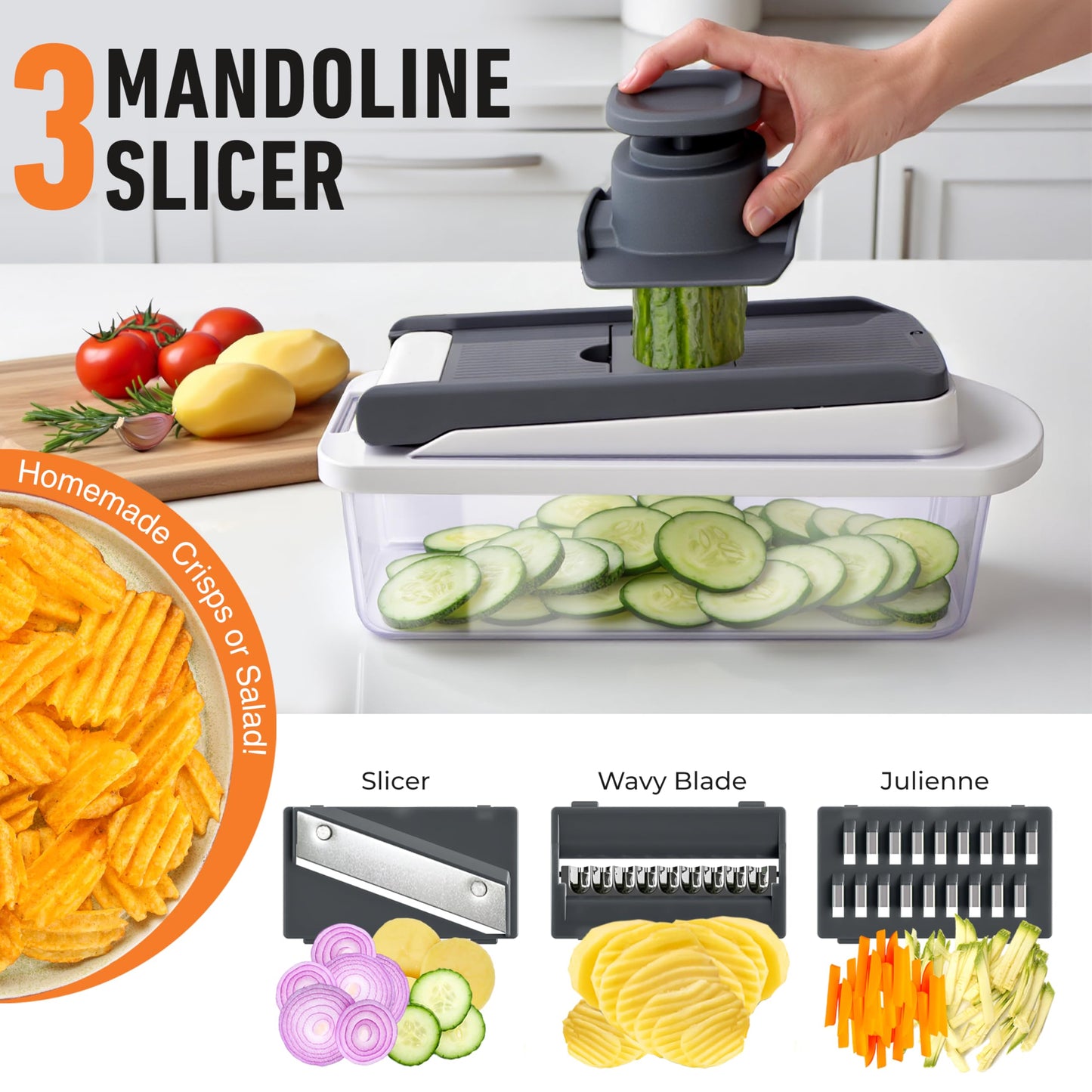 Mueller Pro-Series All-in-One, 12 Blade Mandoline Slicer for Kitchen, Food Chopper, Vegetable Slicer and Spiralizer, Cutter, Dicer, Grater, Kitchen Gadgets Sets with Container, White Sand/Gray