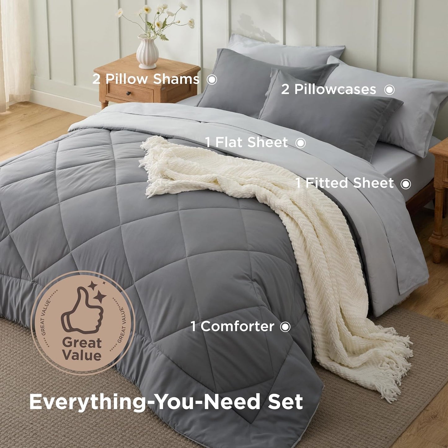 Bedsure Queen Comforter Set - 7 Pieces Reversible Grey Bedding, Queen Size Bed Set for All Seasons, Bed in a Bag with Down Alternative Comforter, Sheets, Pillowcases & Shams