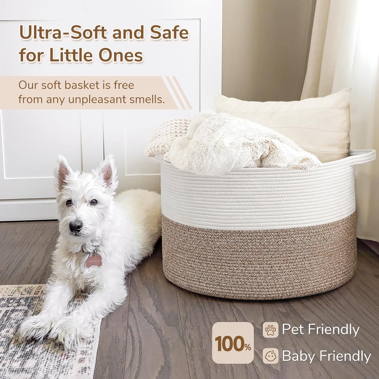 INDRESSME XXXLarge Cotton Rope Basket 21.7" x 21.7" x 13.8" Woven Baby Laundry Blanket Basket Toy Baskets with Handle Storage Comforter Cushions Thread Laundry Hamper Home Decor Living Room