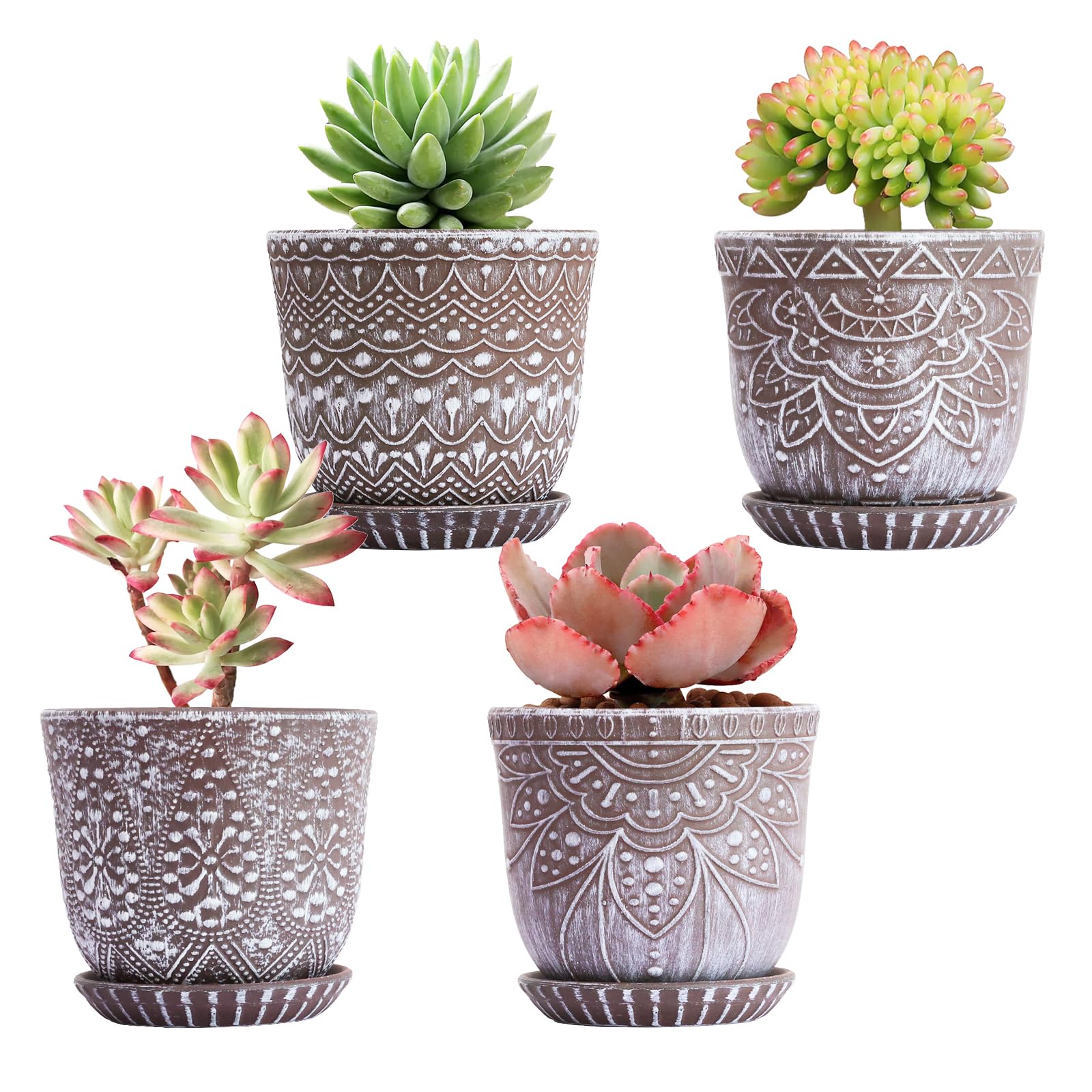 Gepege 6 Inch Beaded Ceramic Planter Set of 2 with Drainage Hole and Saucer for Plants, Indoor-Outdoor Large Round Succulent Orchid Flower Pot (Smoked Gray, Inner-pots not Larger Than 5 Inch)