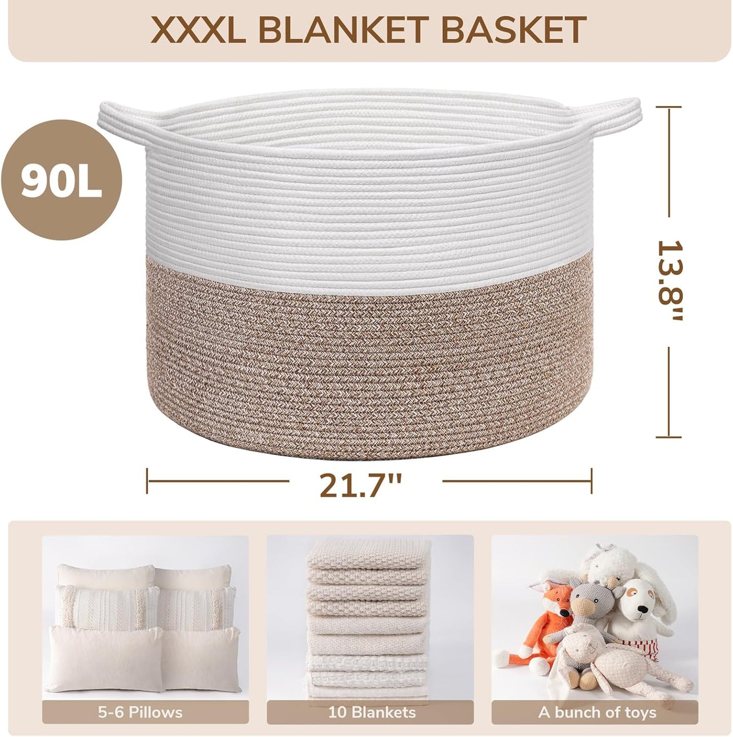 INDRESSME XXXLarge Cotton Rope Basket 21.7" x 21.7" x 13.8" Woven Baby Laundry Blanket Basket Toy Baskets with Handle Storage Comforter Cushions Thread Laundry Hamper Home Decor Living Room
