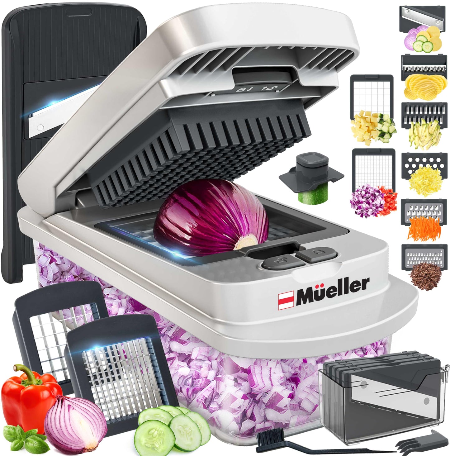 Mueller Pro-Series All-in-One, 12 Blade Mandoline Slicer for Kitchen, Food Chopper, Vegetable Slicer and Spiralizer, Cutter, Dicer, Grater, Kitchen Gadgets Sets with Container, White Sand/Gray