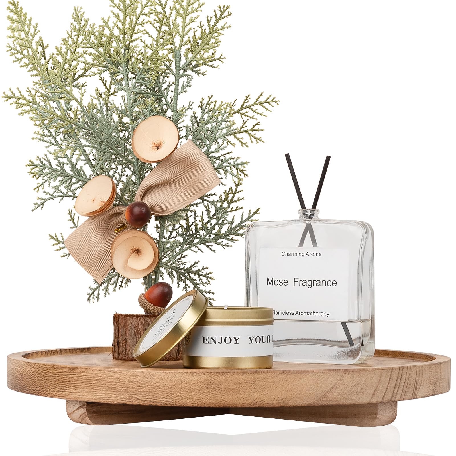 Round Decorative Tray Wood Bathroom Counter Organizer Farmhouse Kitchen Decor Wooden Riser for Soap Dish, Perfume, Candle, Sponge, 10" - Brown