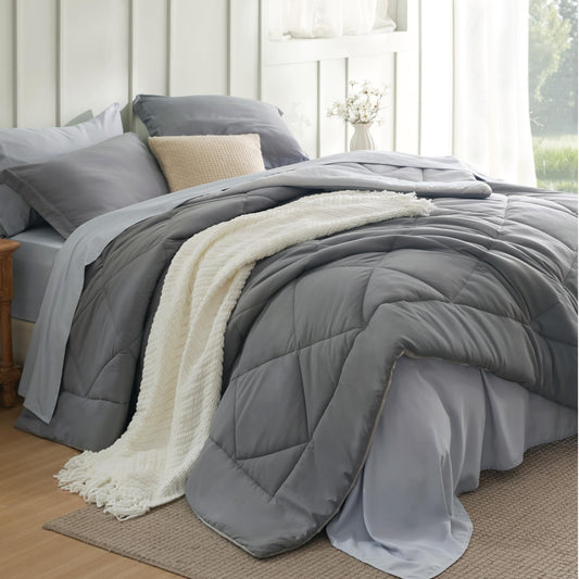 Bedsure Queen Comforter Set - 7 Pieces Reversible Grey Bedding, Queen Size Bed Set for All Seasons, Bed in a Bag with Down Alternative Comforter, Sheets, Pillowcases & Shams