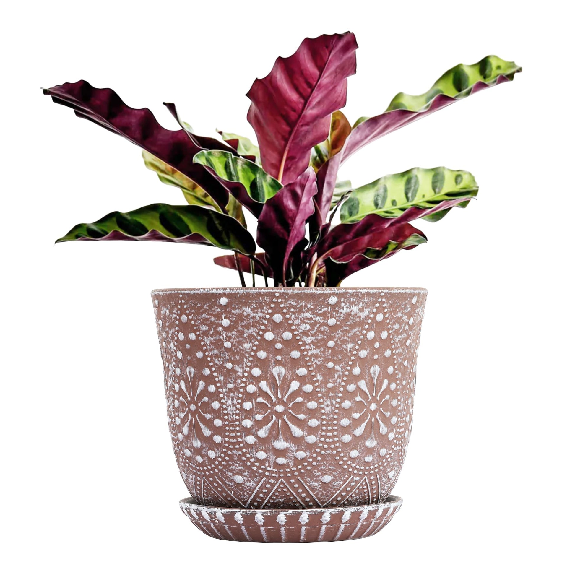 Gepege 6 Inch Beaded Ceramic Planter Set of 2 with Drainage Hole and Saucer for Plants, Indoor-Outdoor Large Round Succulent Orchid Flower Pot (Smoked Gray, Inner-pots not Larger Than 5 Inch)