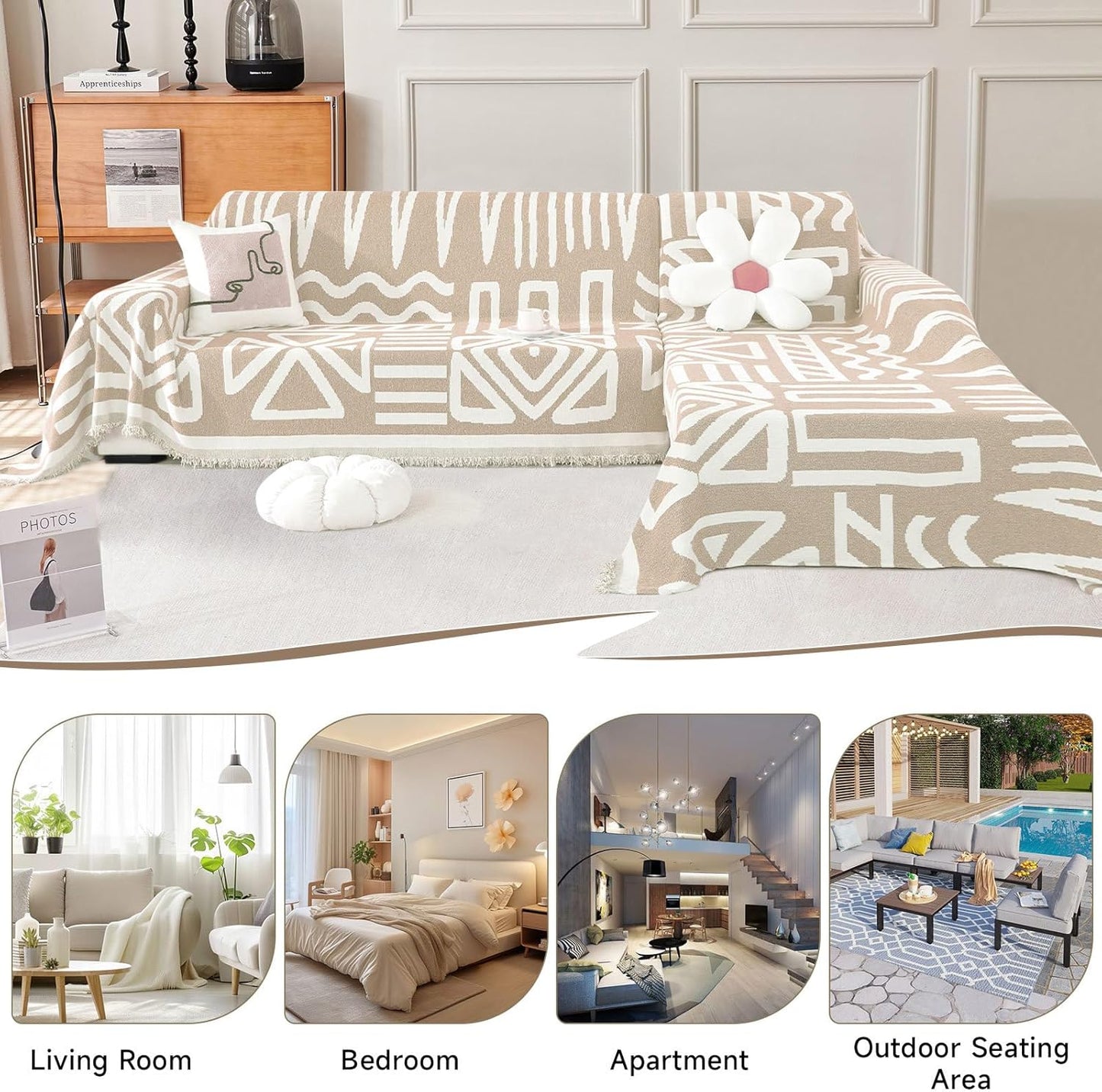 VClife Boho Couch Cover for 3 Cushion Couch Chenille Sofa Cover Sectional Sofa Cover for Dog, Modern Khaki Sofa Slipcover Washable Couch Covers for L-Shape Sofa Reversible Sofa Protector 71''x134''