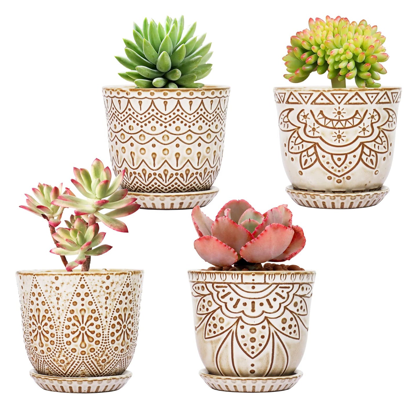 Gepege 6 Inch Beaded Ceramic Planter Set of 2 with Drainage Hole and Saucer for Plants, Indoor-Outdoor Large Round Succulent Orchid Flower Pot (Smoked Gray, Inner-pots not Larger Than 5 Inch)