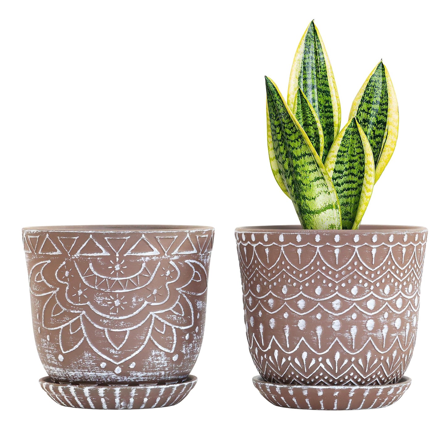 Gepege 6 Inch Beaded Ceramic Planter Set of 2 with Drainage Hole and Saucer for Plants, Indoor-Outdoor Large Round Succulent Orchid Flower Pot (Smoked Gray, Inner-pots not Larger Than 5 Inch)